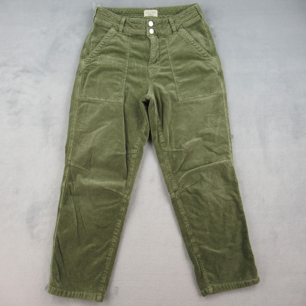 Pilcro Corduroy Pants Women 28 Green High Rise Straight Leg Utility Cargo Pocket